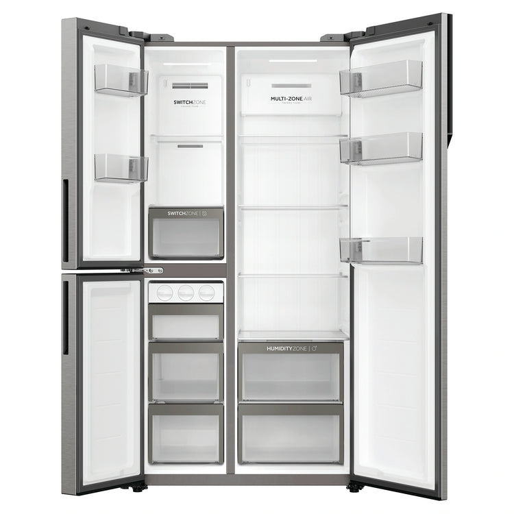 Haier 574L S+ Satina Silver Three Door Side by Side Refrigerator HRF575XS, Front Double Door Open View