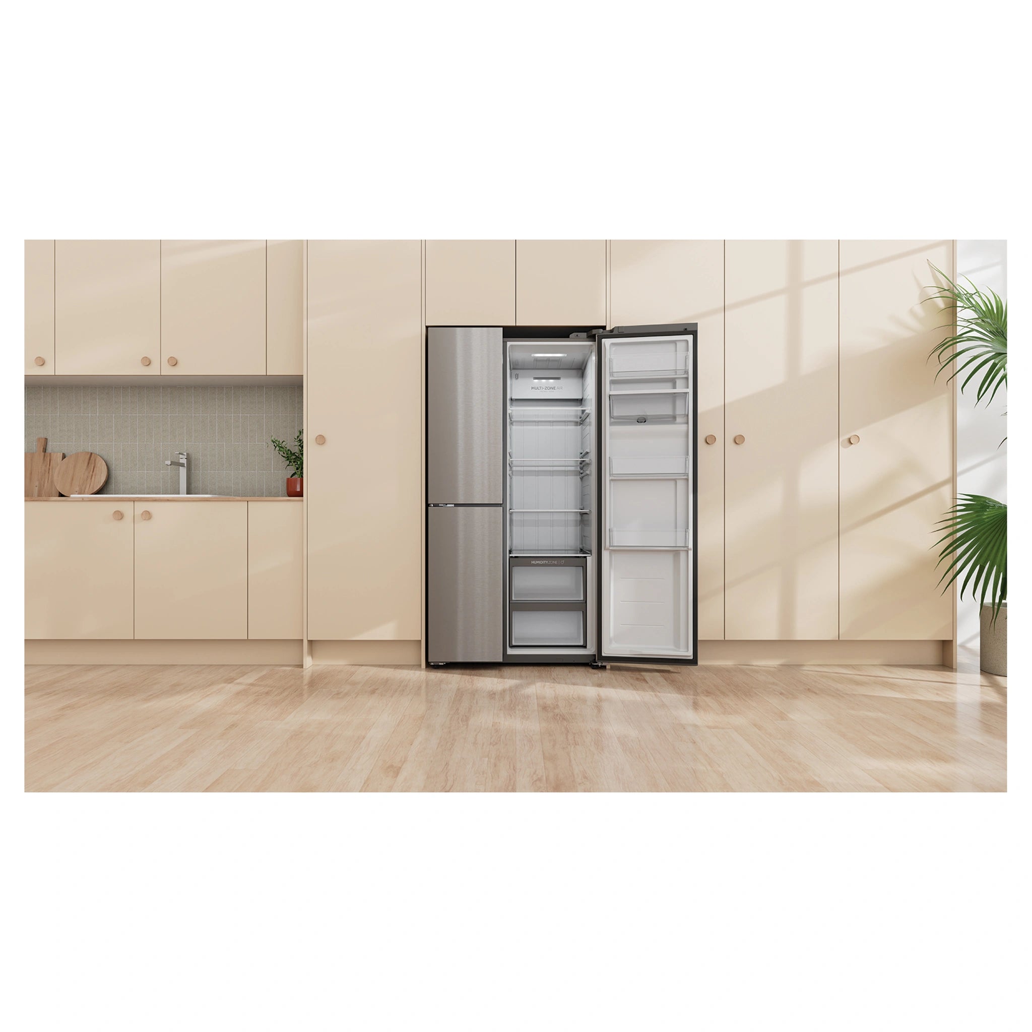 Haier 574L S+ Satina Silver Three Door Side by Side Refrigerator HRF575XS, Lfestyle View