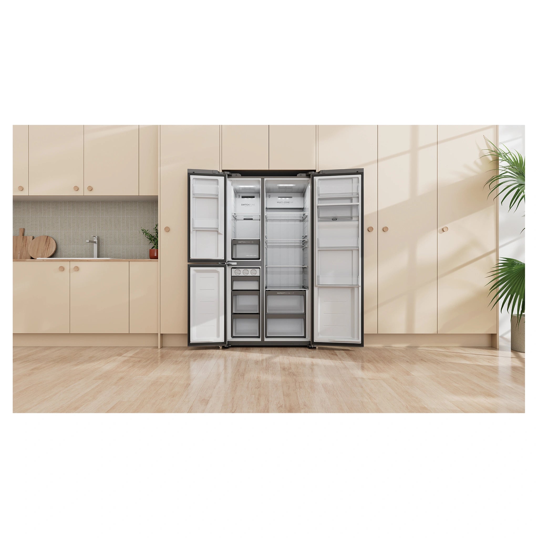 Haier 574L S+ Satina Silver Three Door Side by Side Refrigerator HRF575XS, Lfestyle View