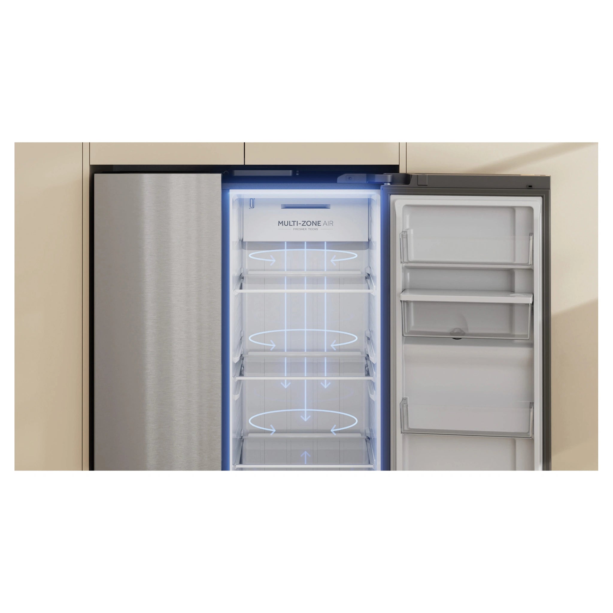 Haier 574L S+ Satina Silver Three Door Side by Side Refrigerator HRF575XS, Multizone Cooling View