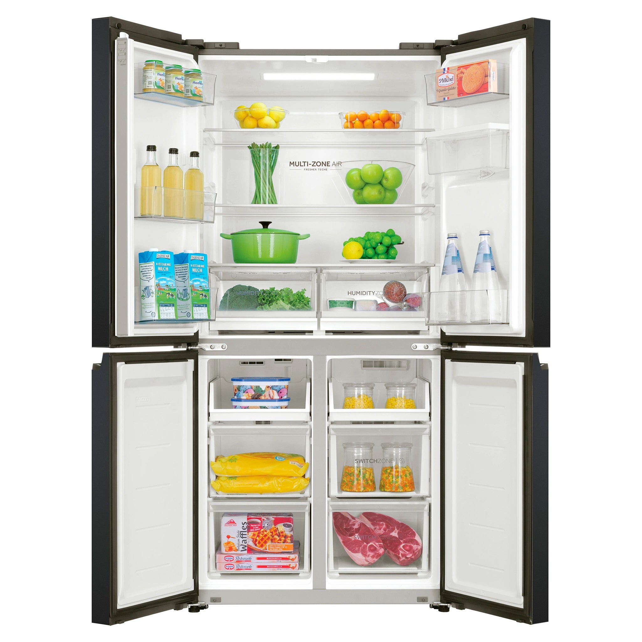 Haier 508L Black Quad Door Fridge HRF580YHC, Front View With Double Door Open View Storages