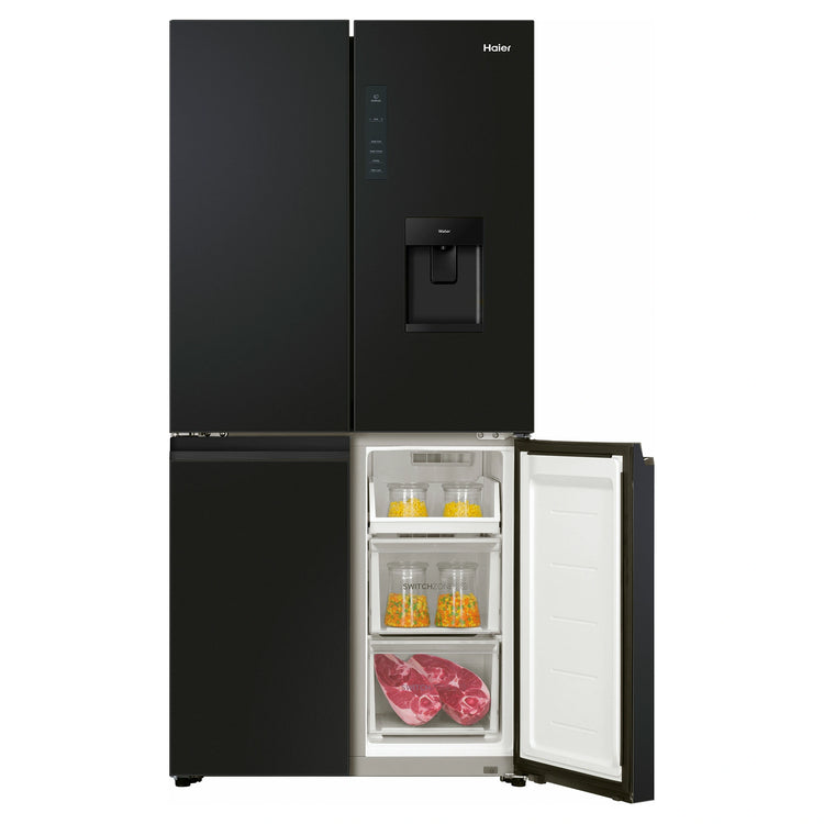 Haier 508L Black Quad Door Fridge HRF580YHC, Front View With Lower Right Side View With Storages