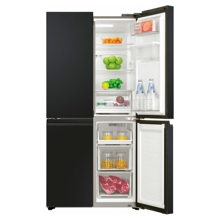 Haier 508L Black Quad Door Fridge HRF580YHC, Front View With Right Side Door Open View With Storages