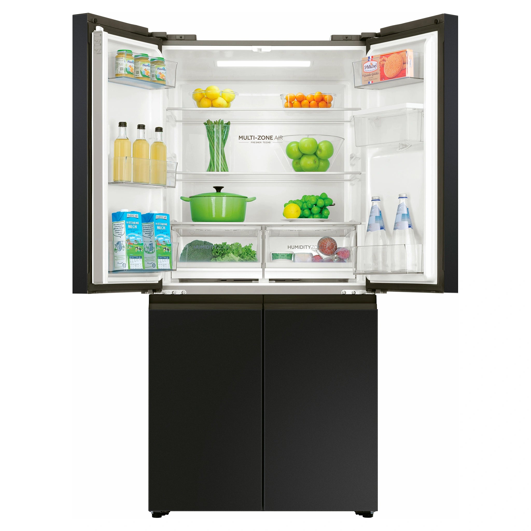 Haier 508L Black Quad Door Fridge HRF580YHC, Front View With Upper Side Door Open View With Storages