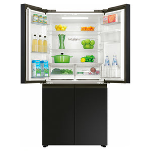 Haier 508L Black Quad Door Fridge HRF580YHC, Front View With Upper Side Door Open View With Storages