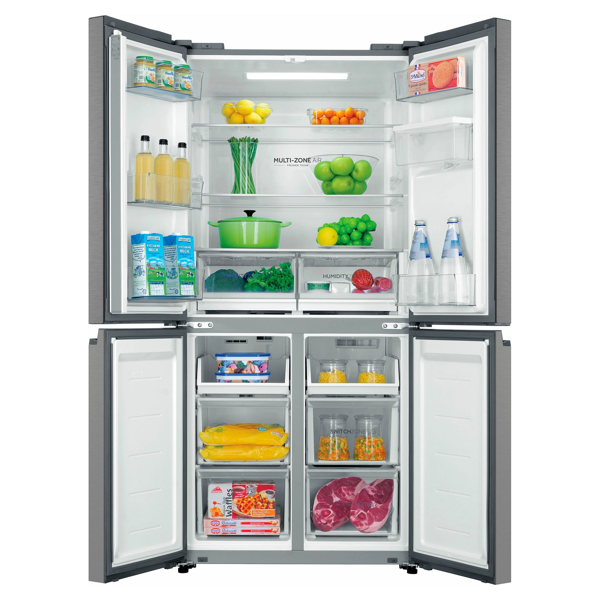 Haier 508L Silver Quad Door Fridge HRF580YHS, Front View With Double Door Open View With Storages