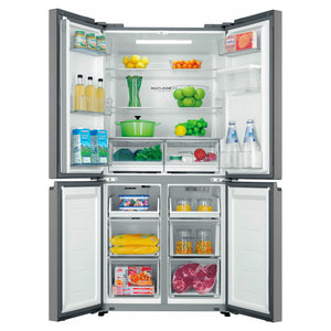 Haier 508L Silver Quad Door Fridge HRF580YHS, Front View With Double Door Open View With Storages