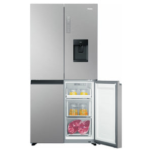 Haier 508L Silver Quad Door Fridge HRF580YHS, Front View With Lower Right Side View With Storages