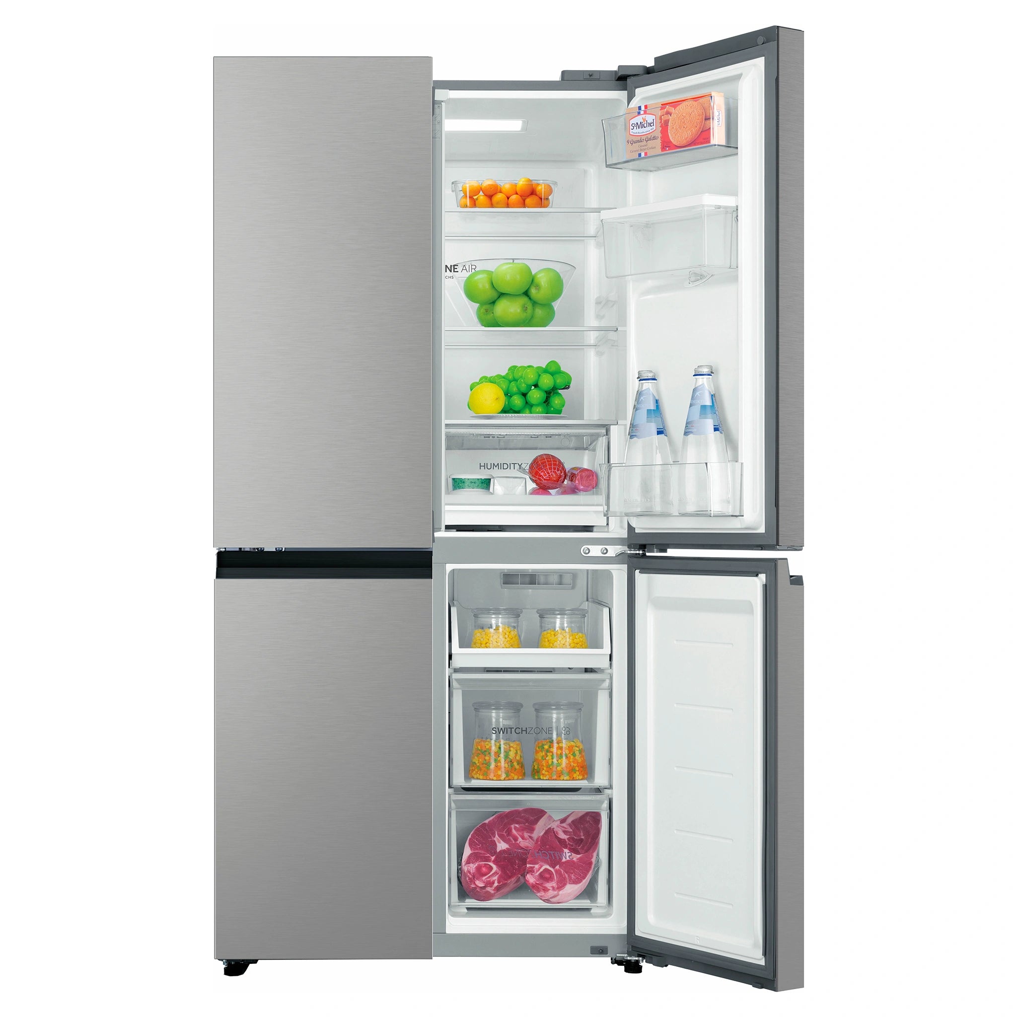 Haier 508L Silver Quad Door Fridge HRF580YHS, Front View With Right Side Double Door Open View With Storages