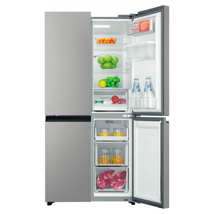 Haier 508L Silver Quad Door Fridge HRF580YHS, Front View With Right Side Double Door Open View With Storages
