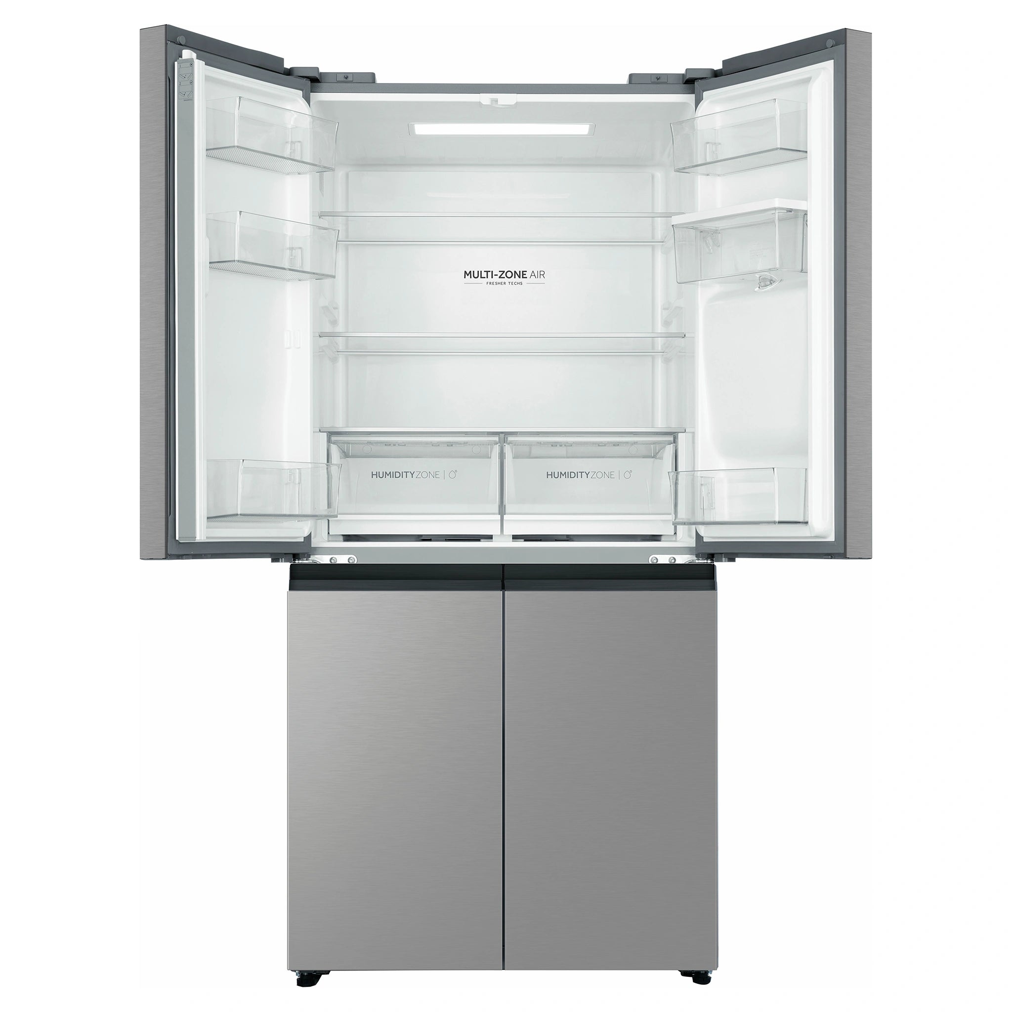 Haier 508L Silver Quad Door Fridge HRF580YHS, Front View With Upper Side Door Open View