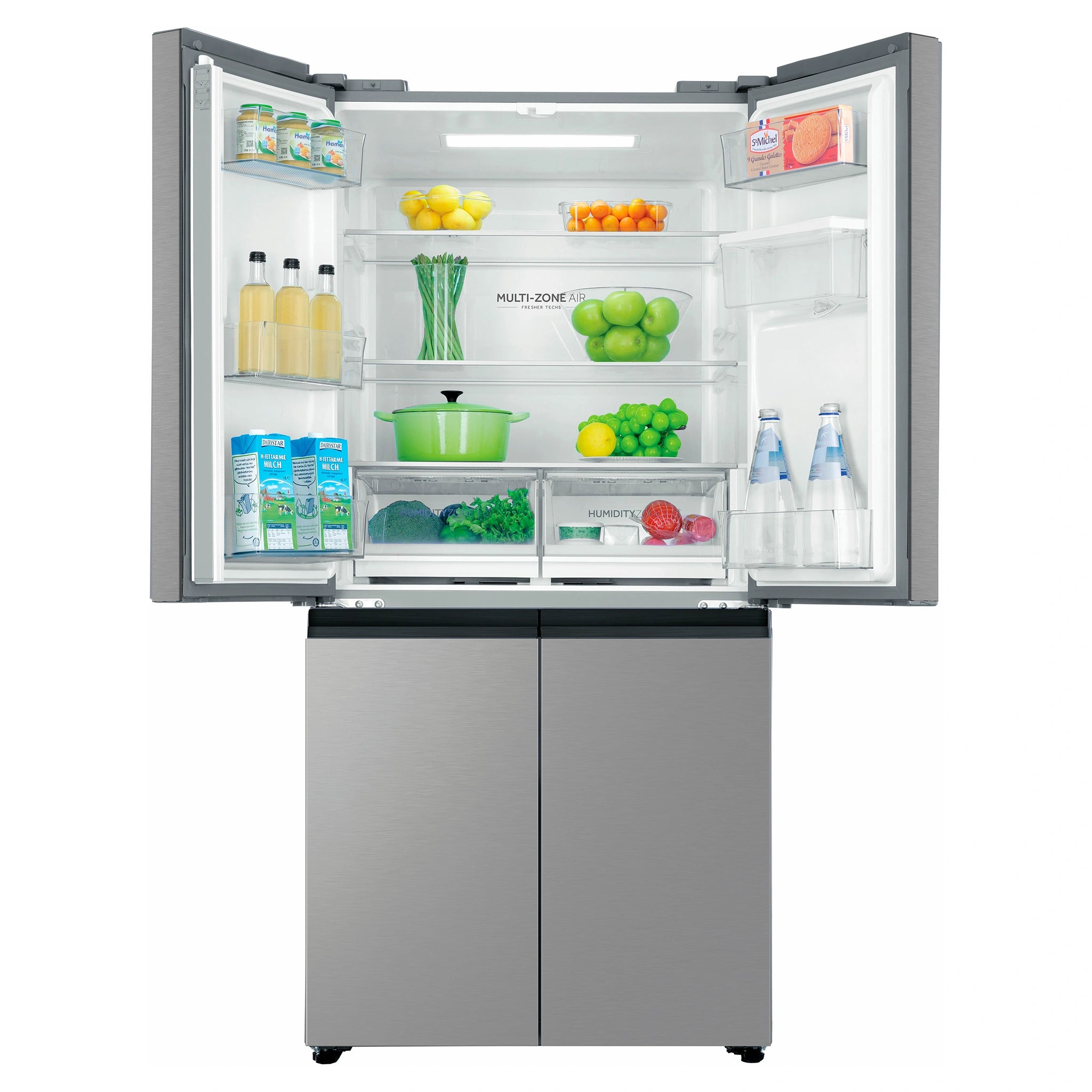 Haier 508L Silver Quad Door Fridge HRF580YHS, Front View With Upper Side Door Open View With Storages