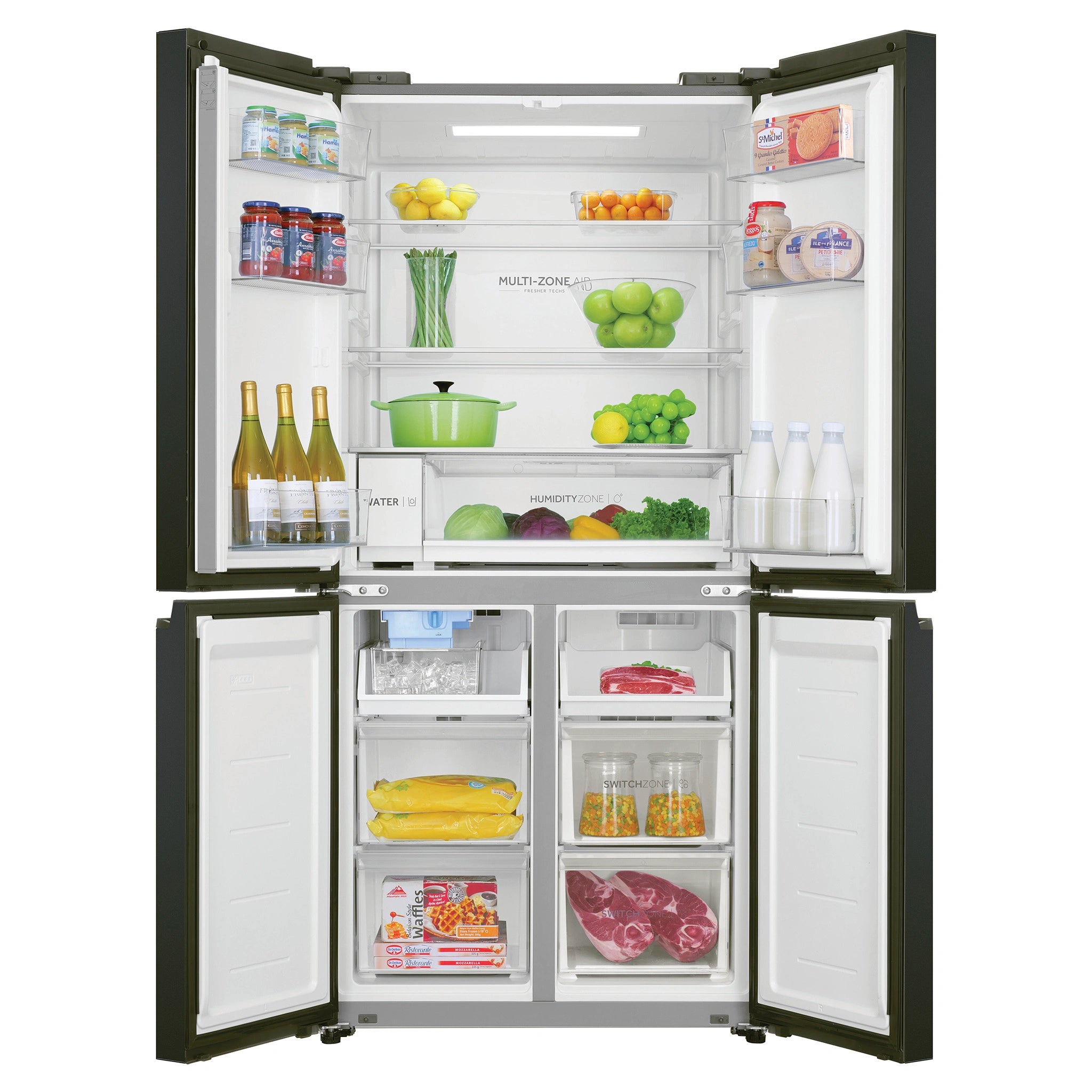 Haier 507L Stainless Steel Quad Door Fridge with Ice & Water Dispenser HRF580YPC, Front View Double Door Open View With Storages