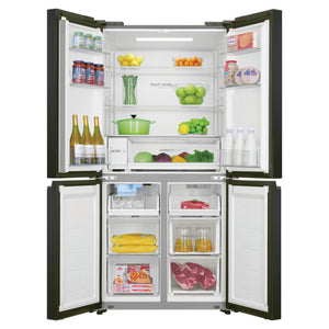 Haier 507L Stainless Steel Quad Door Fridge with Ice & Water Dispenser HRF580YPC, Front View Double Door Open View With Storages