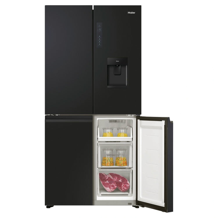 Haier 507L Stainless Steel Quad Door Fridge with Ice & Water Dispenser HRF580YPC, Front View With Lower Right Side Door Open View With Storages