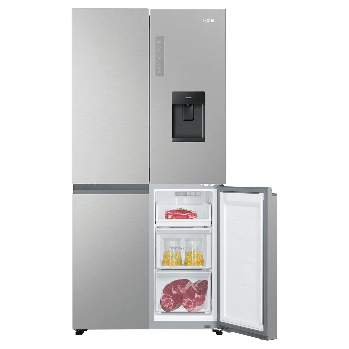 Haier 507L Black Quad Door Fridge with Ice & Water Dispenser HRF580YPS, Front View With Lower Right Side Door Open View With Storages