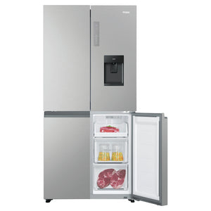 Haier 507L Black Quad Door Fridge with Ice & Water Dispenser HRF580YPS, Front View With Lower Right Side Door Open View With Storages