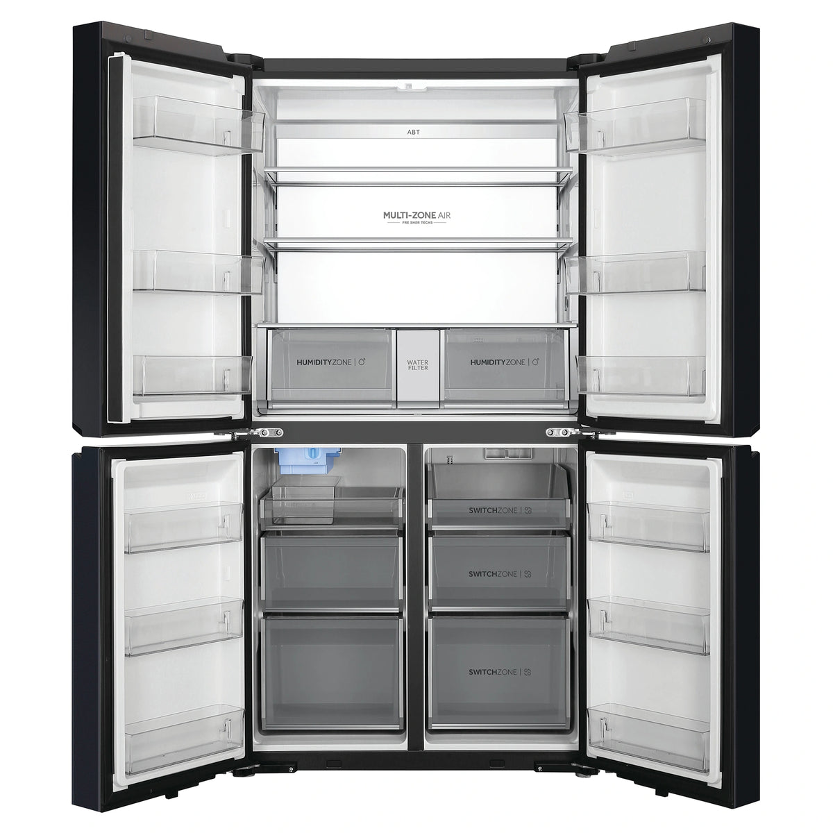 Haier 623L 600 Series Black Quad Door Refrigerator Freezer HRF680YPC, Front View With Double Door Open View