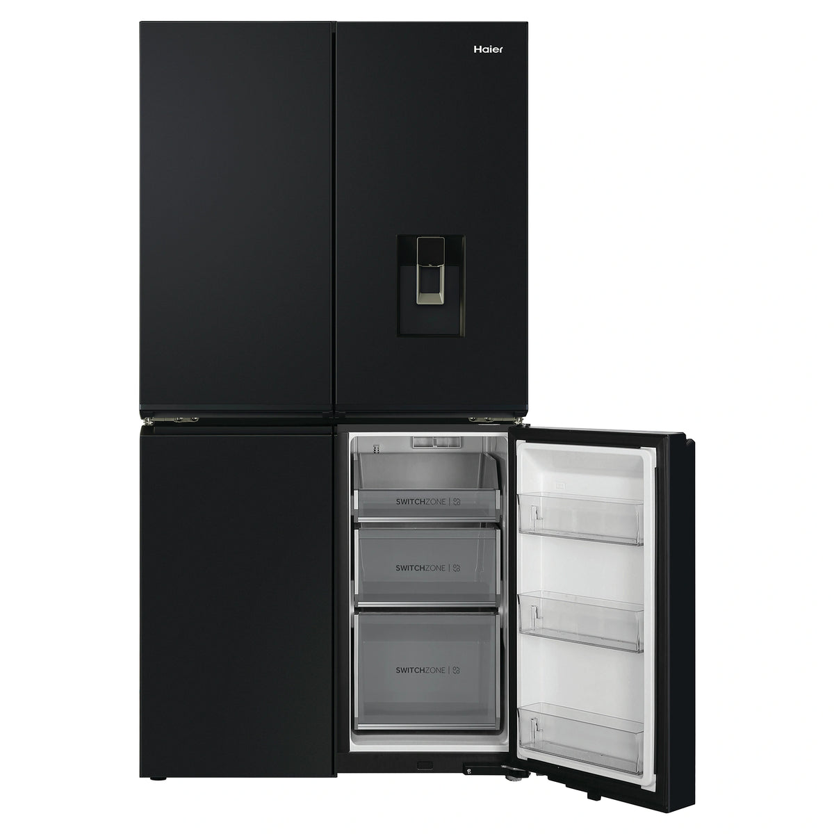 Haier 623L 600 Series Black Quad Door Refrigerator Freezer HRF680YPC, Front View With Lower Right Side Door Open View