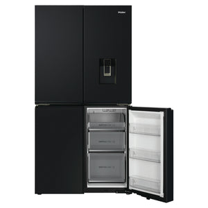 Haier 623L 600 Series Black Quad Door Refrigerator Freezer HRF680YPC, Front View With Lower Right Side Door Open View