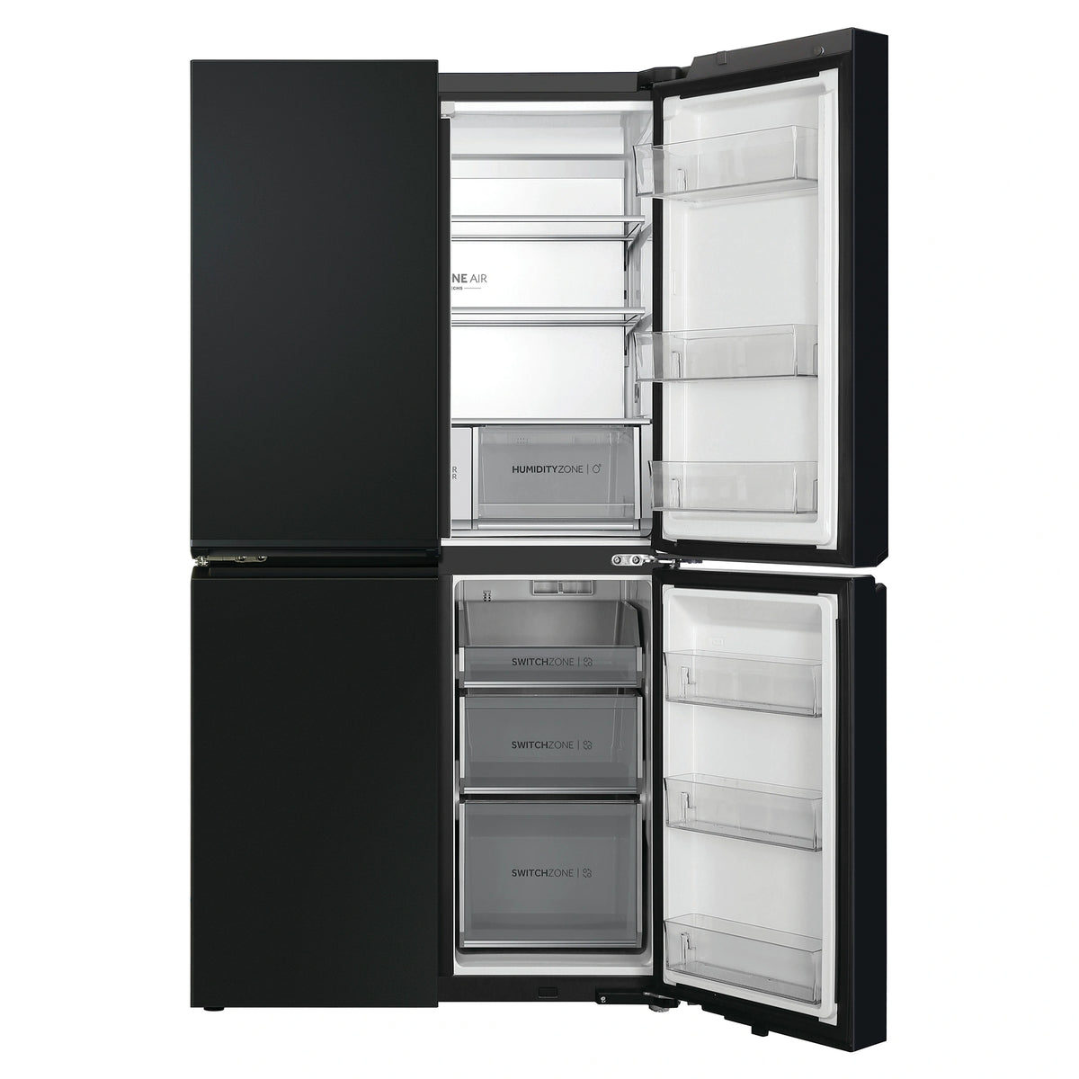 Haier 623L 600 Series Black Quad Door Refrigerator Freezer HRF680YPC, Front View With Right Side Double Door Open View