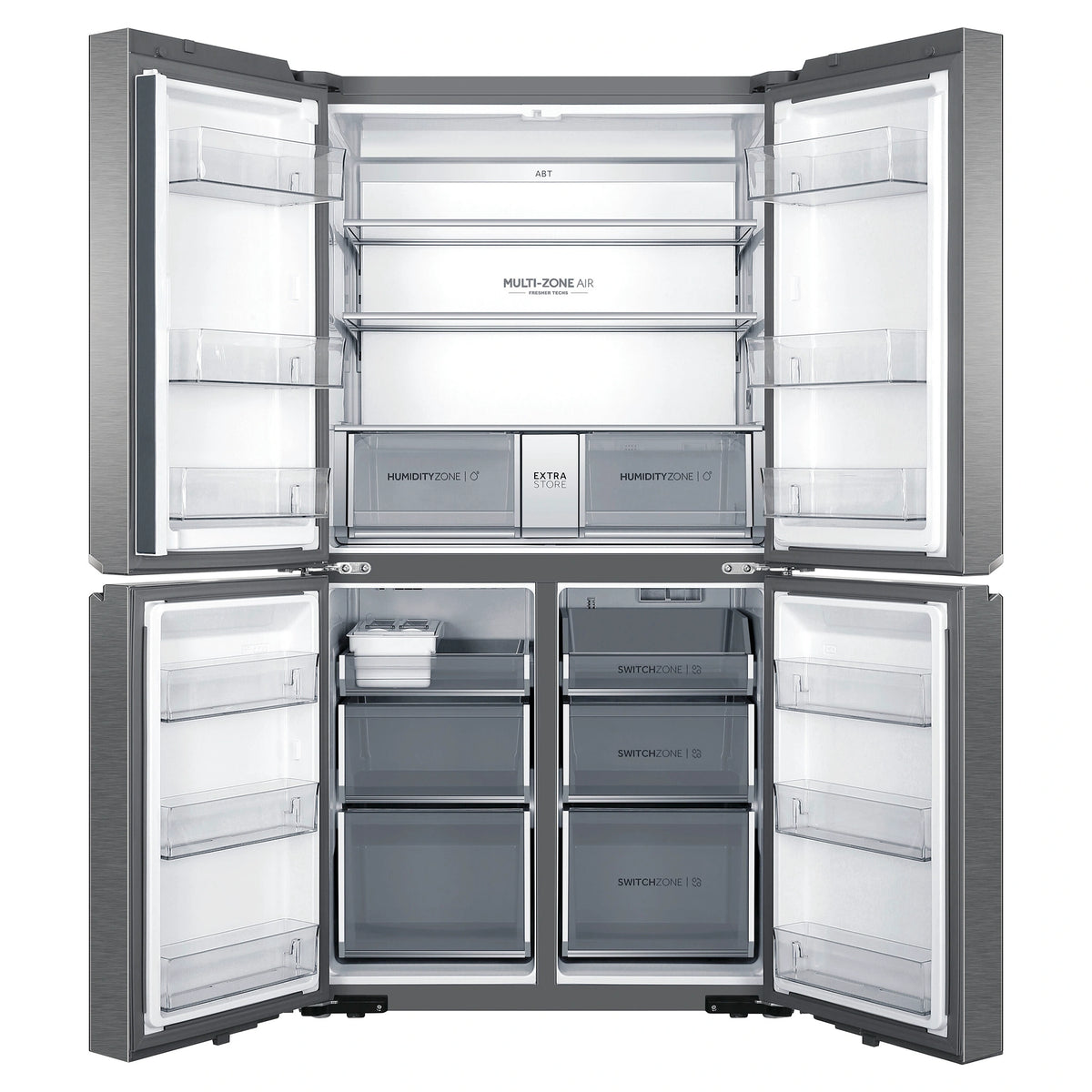 Haier 623L 600 Series Quad Door Refrigerator Freezer without Ice/Water Dispenser HRF680YS, Front View With Double Door Open View