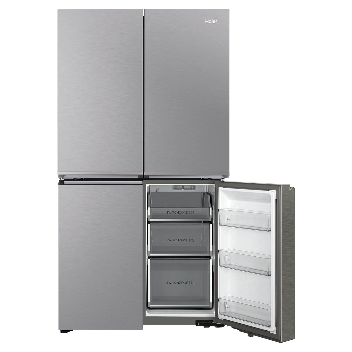 Haier 623L 600 Series Quad Door Refrigerator Freezer without Ice/Water Dispenser HRF680YS, Front View With Lower Right Side Door Open View