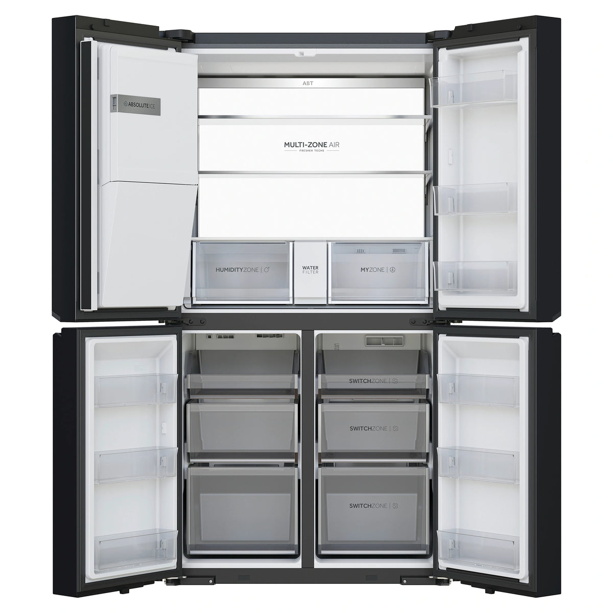 Haier 601L 600 Series Black Quad Door Refrigerator Freezer HRF680YZC, Front View With Double Door Open View