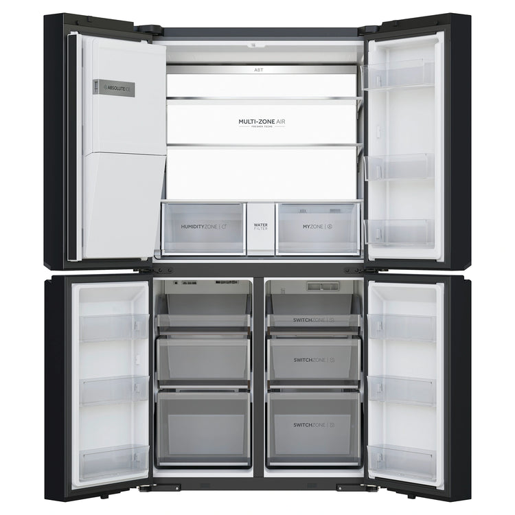 Haier 601L 600 Series Black Quad Door Refrigerator Freezer HRF680YZC, Front View With Double Door Open View