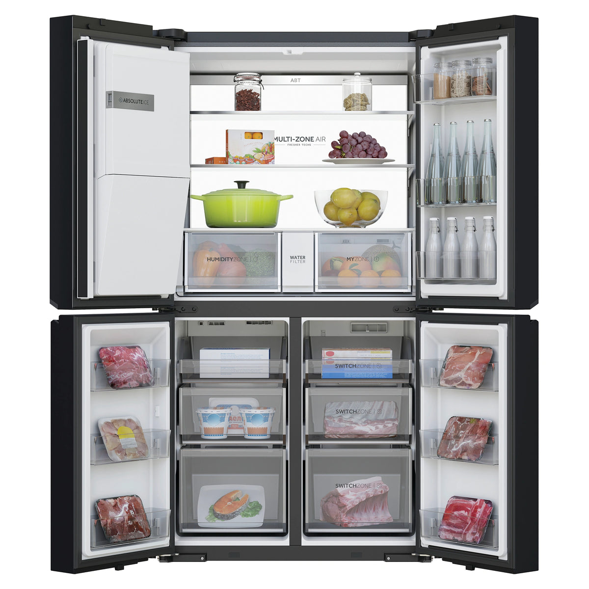 Haier 601L 600 Series Black Quad Door Refrigerator Freezer HRF680YZC, Front View With Double Door Open View With Storages