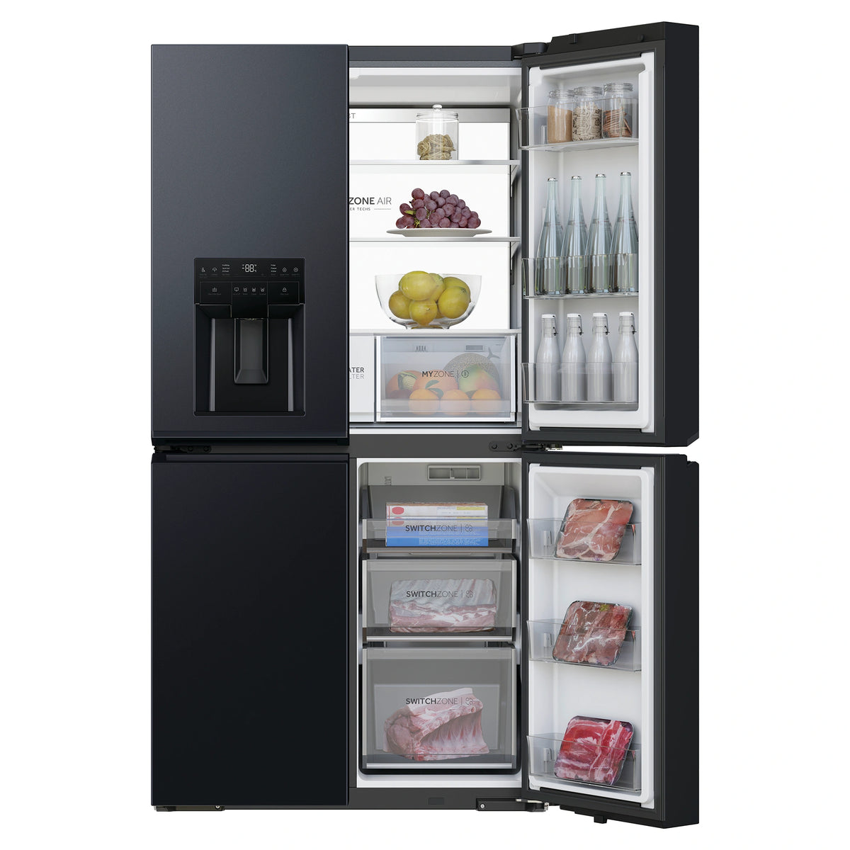 Haier 601L 600 Series Black Quad Door Refrigerator Freezer HRF680YZC, Front View With Right Side Double Door Open View Storages
