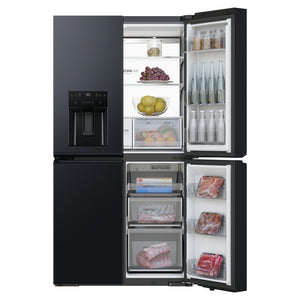 Haier 601L 600 Series Black Quad Door Refrigerator Freezer HRF680YZC, Front View With Right Side Double Door Open View Storages