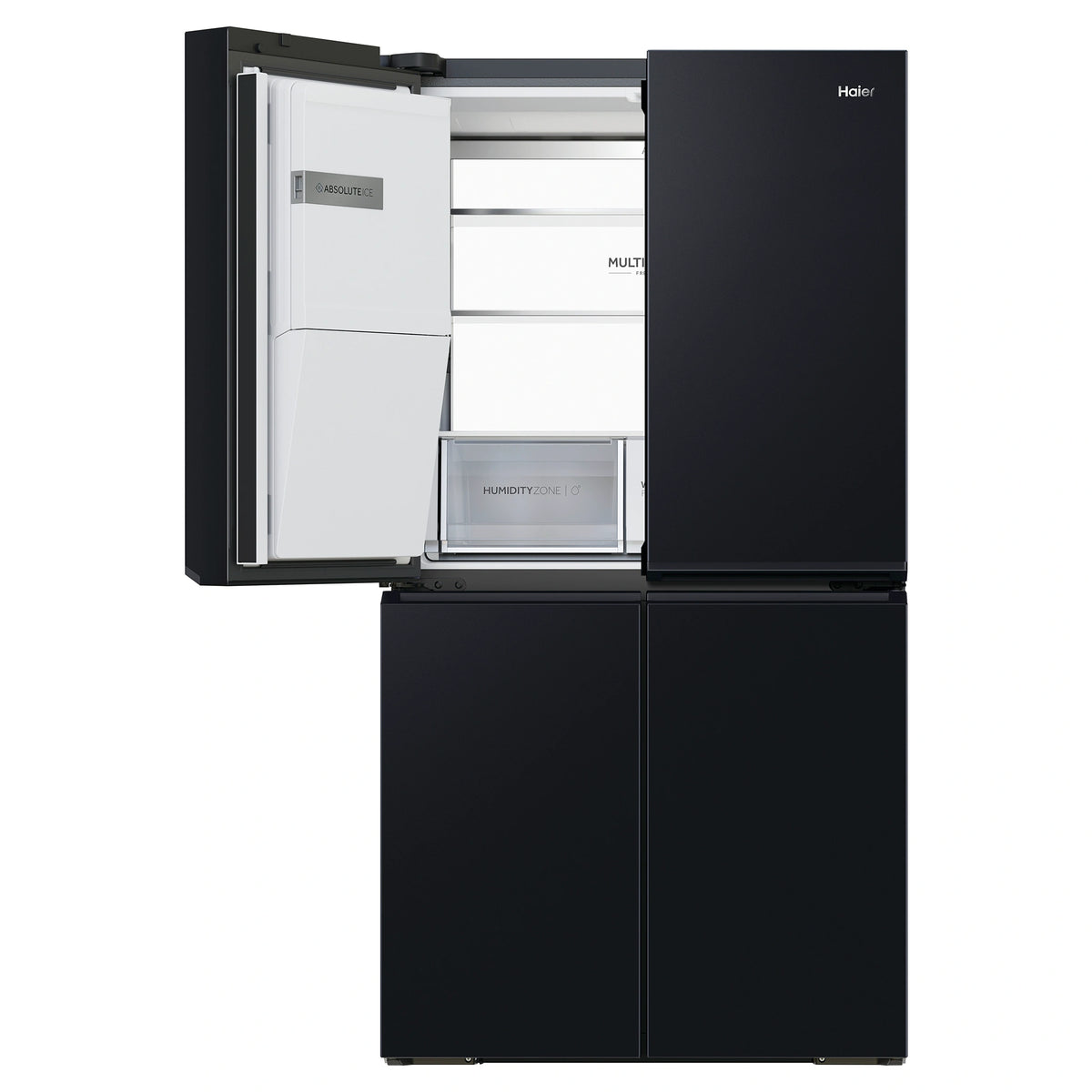 Haier 601L 600 Series Black Quad Door Refrigerator Freezer HRF680YZC, Front View With Upper Left Side Door Open View