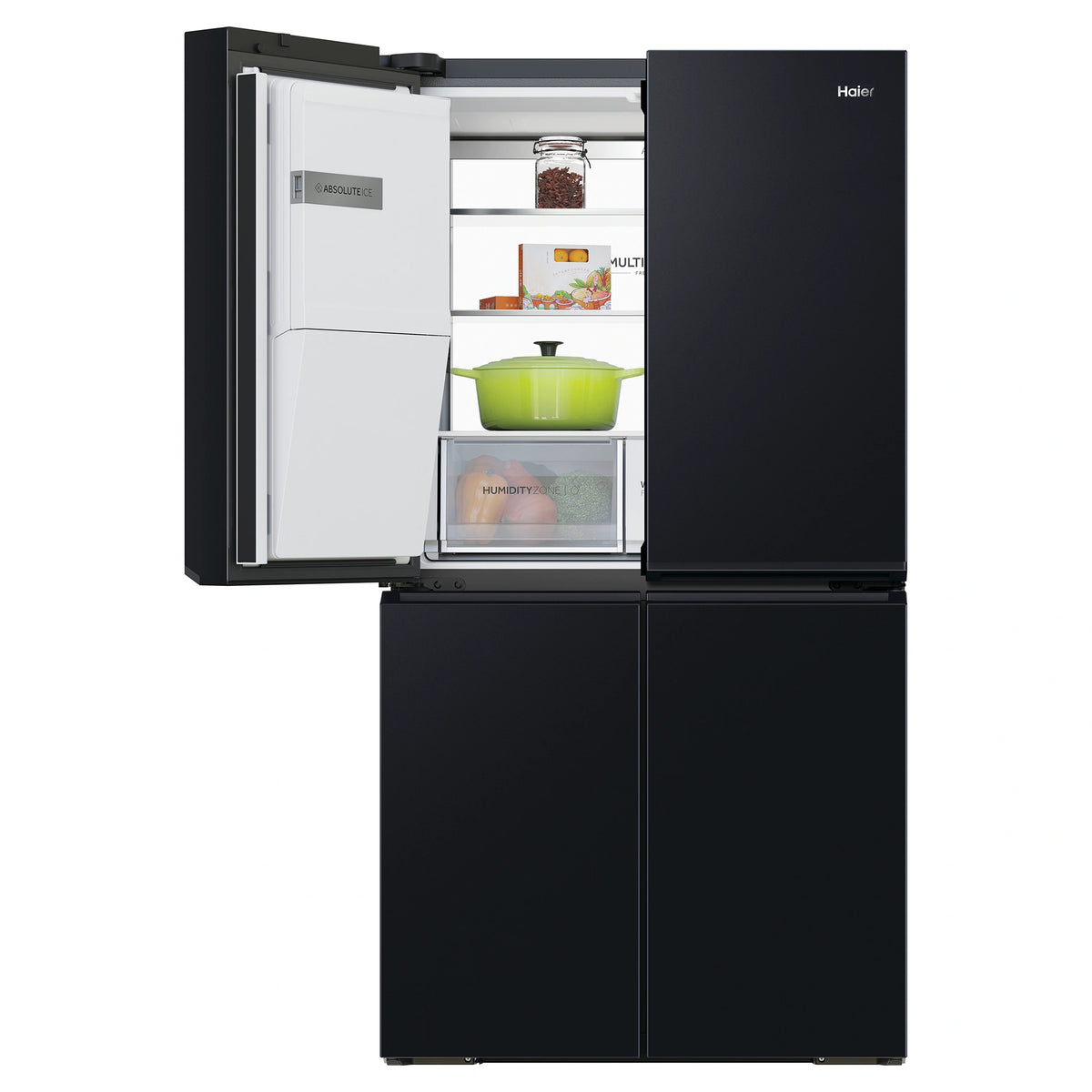 Haier 601L 600 Series Black Quad Door Refrigerator Freezer HRF680YZC, Front View With Upper Left Side Door Open View With Storages