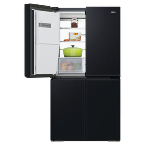Haier 601L 600 Series Black Quad Door Refrigerator Freezer HRF680YZC, Front View With Upper Left Side Door Open View With Storages