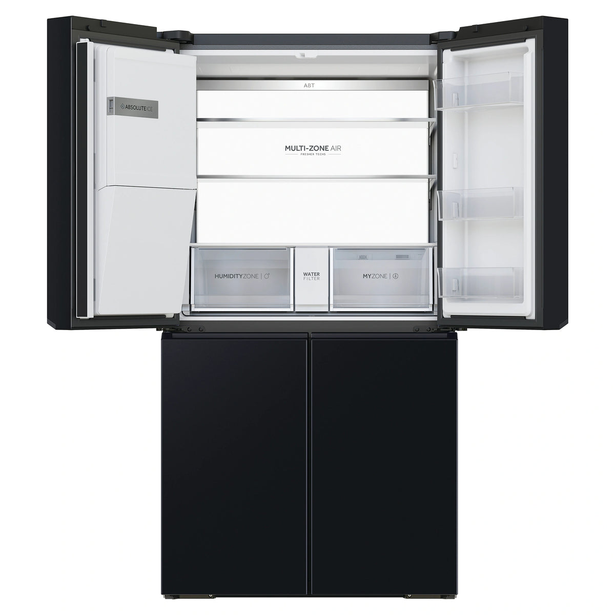 Haier 601L 600 Series Black Quad Door Refrigerator Freezer HRF680YZC, Front View With Upper Side Door Open View