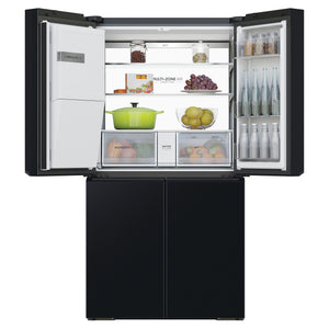 Haier 601L 600 Series Black Quad Door Refrigerator Freezer HRF680YZC, Front View With Upper Side Door Open View With Storages