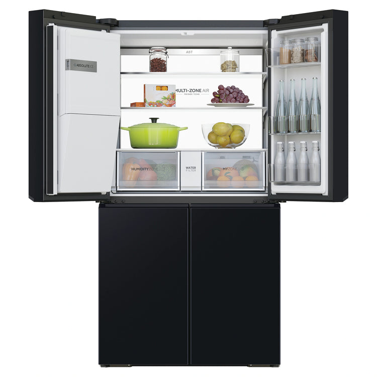 Haier 601L 600 Series Black Quad Door Refrigerator Freezer HRF680YZC, Front View With Upper Side Door Open View With Storages