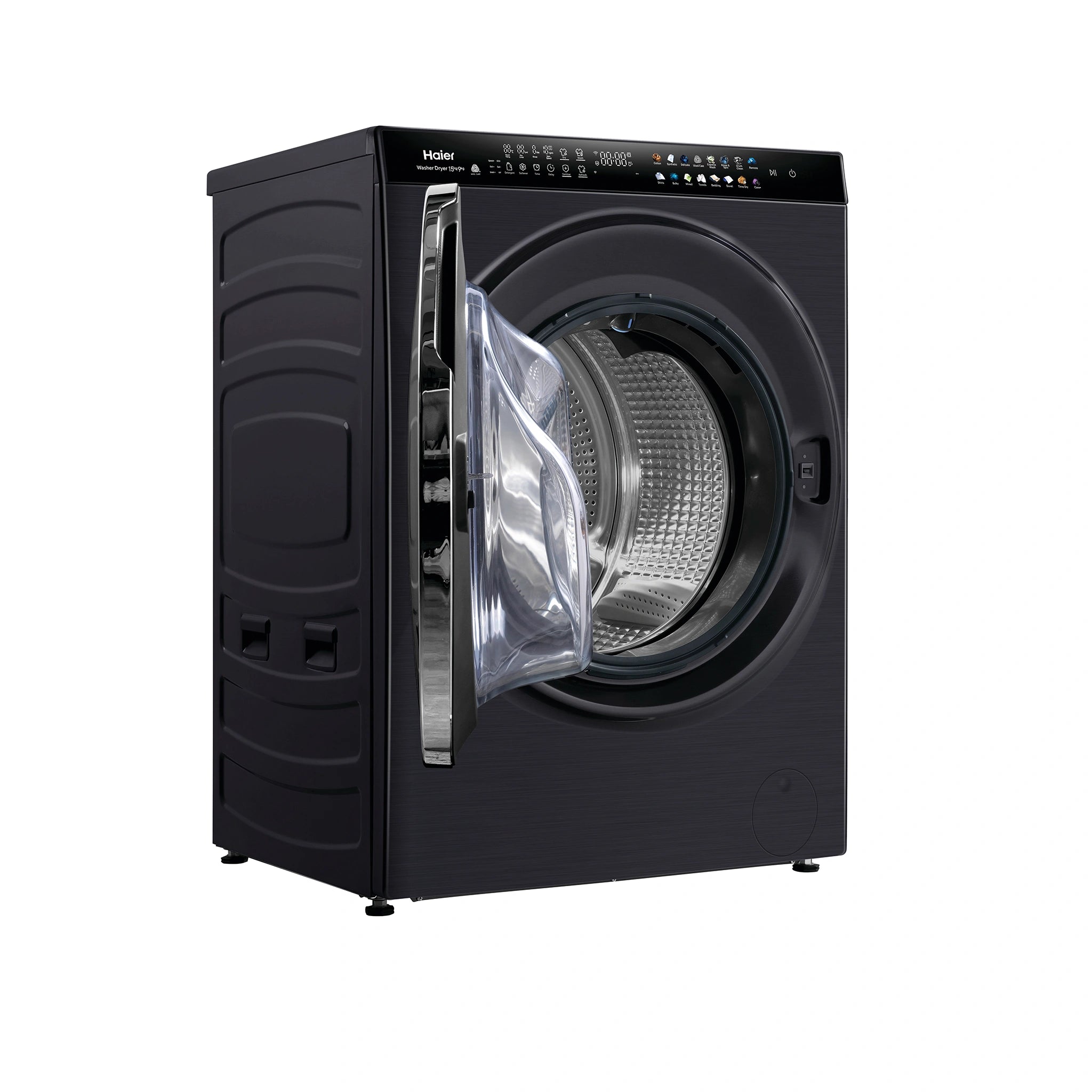 Haier 15kg + 9kg 600 Series Super Drum Combi Front Loader Washer Dryer HWDX1590CTB1, Left Side View With Door Open