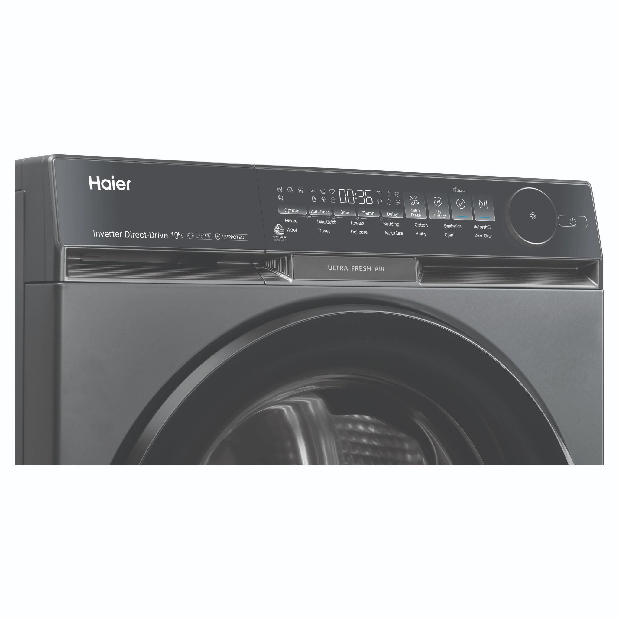 Haier 10kg 500 Series Dark Stainless Front Loader Washing Machine with Ultra Fresh Air HWF10DB2, Control Panel View