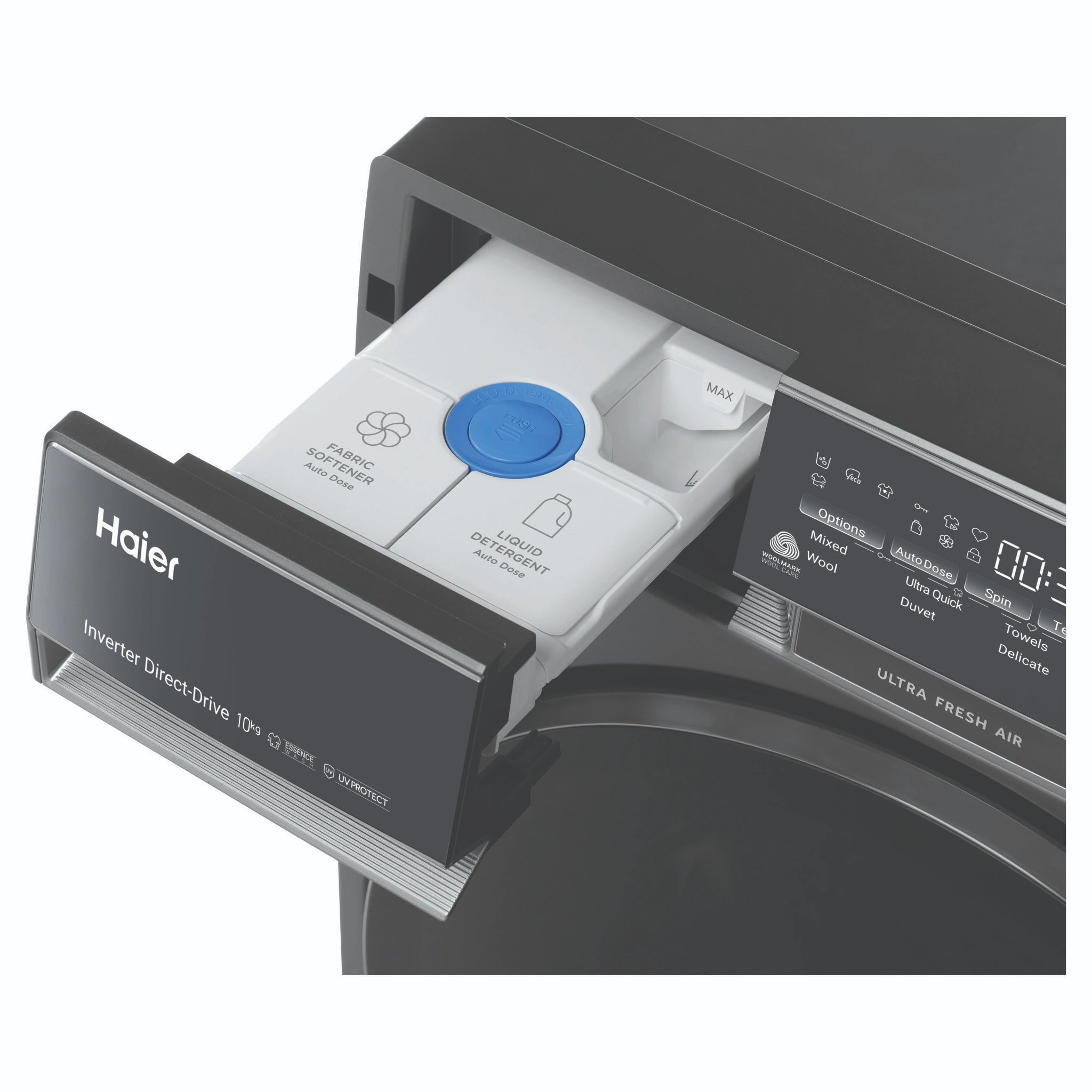 Haier 10kg 500 Series Dark Stainless Front Loader Washing Machine with Ultra Fresh Air HWF10DB2, Detergent Drawer