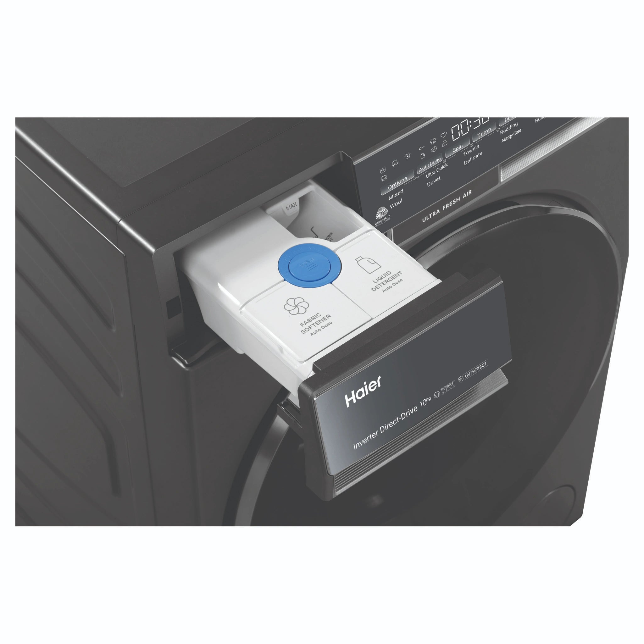 Haier 10kg 500 Series Dark Stainless Front Loader Washing Machine with Ultra Fresh Air HWF10DB2, Detergent Drawer