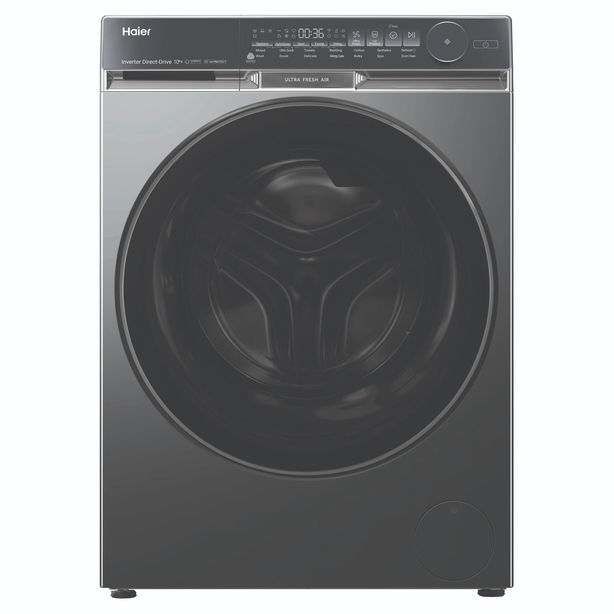 Haier 10kg 500 Series Dark Stainless Front Loader Washing Machine with Ultra Fresh Air HWF10DB2, Front View