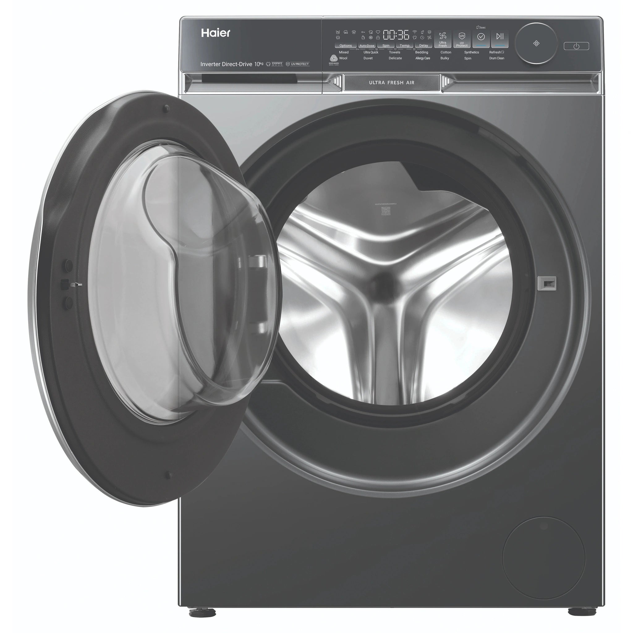 Haier 10kg 500 Series Dark Stainless Front Loader Washing Machine with Ultra Fresh Air HWF10DB2, Front View with Door Open