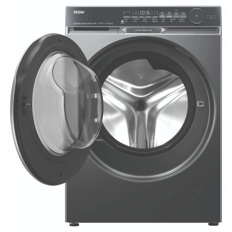 Haier 10kg 500 Series Dark Stainless Front Loader Washing Machine with Ultra Fresh Air HWF10DB2, Front View with Door Open