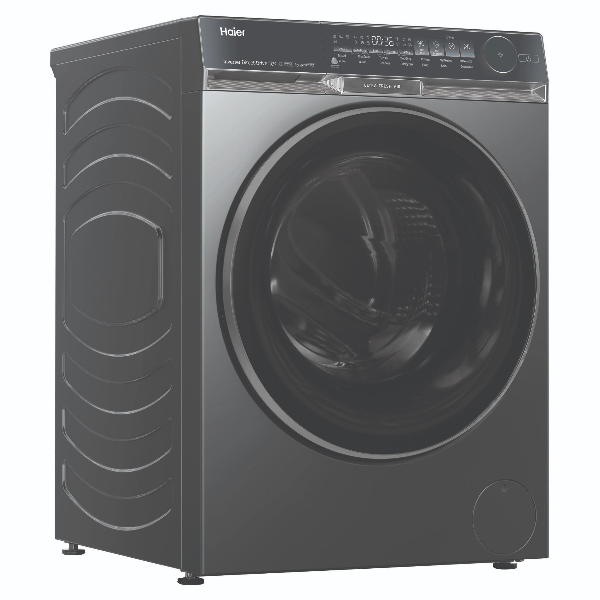 Haier 10kg 500 Series Dark Stainless Front Loader Washing Machine with Ultra Fresh Air HWF10DB2, Right Side View