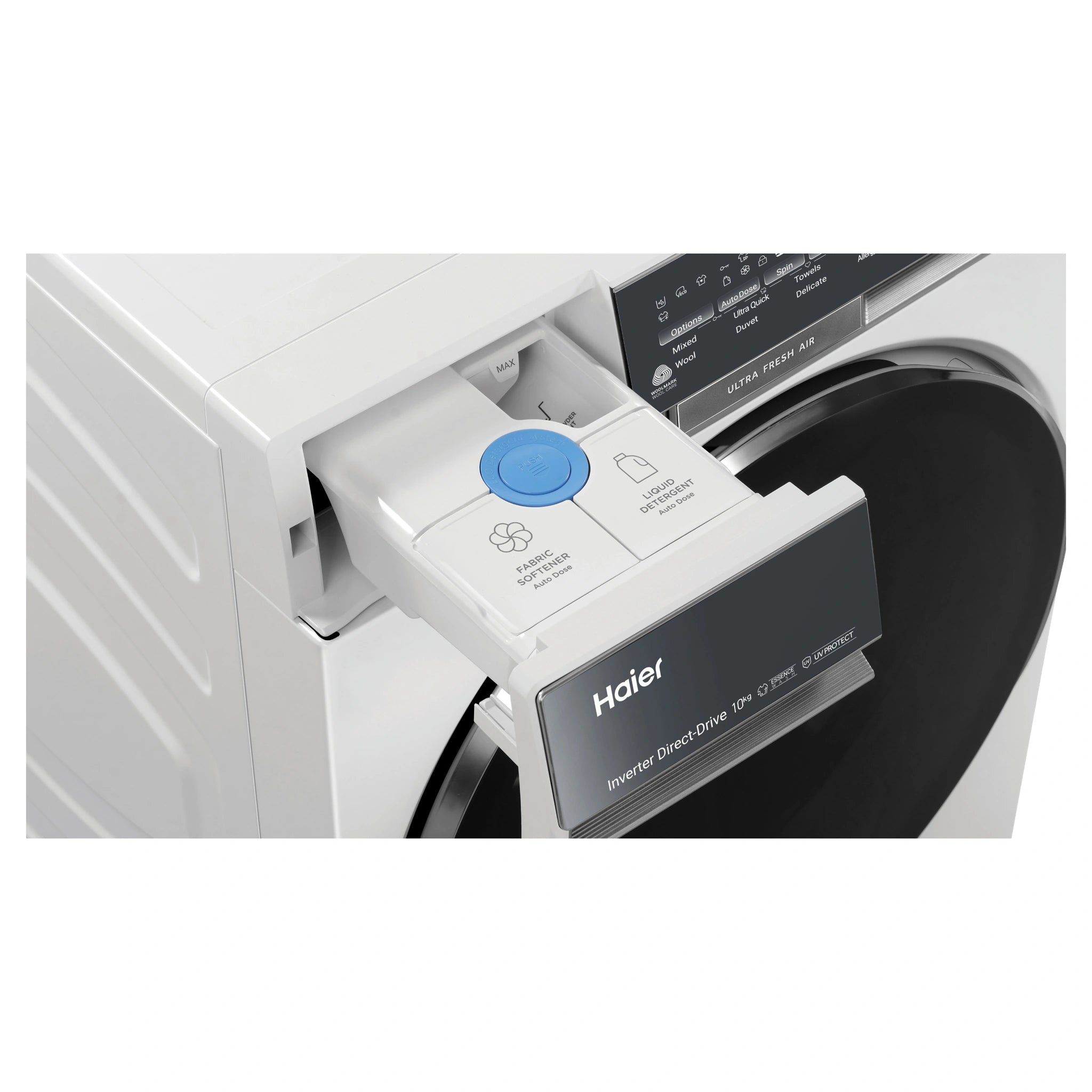Haier 10kg 500 Series White Front Loader Washing Machine with Ultra Fresh Air HWF10DW2, Detergent Drawer
