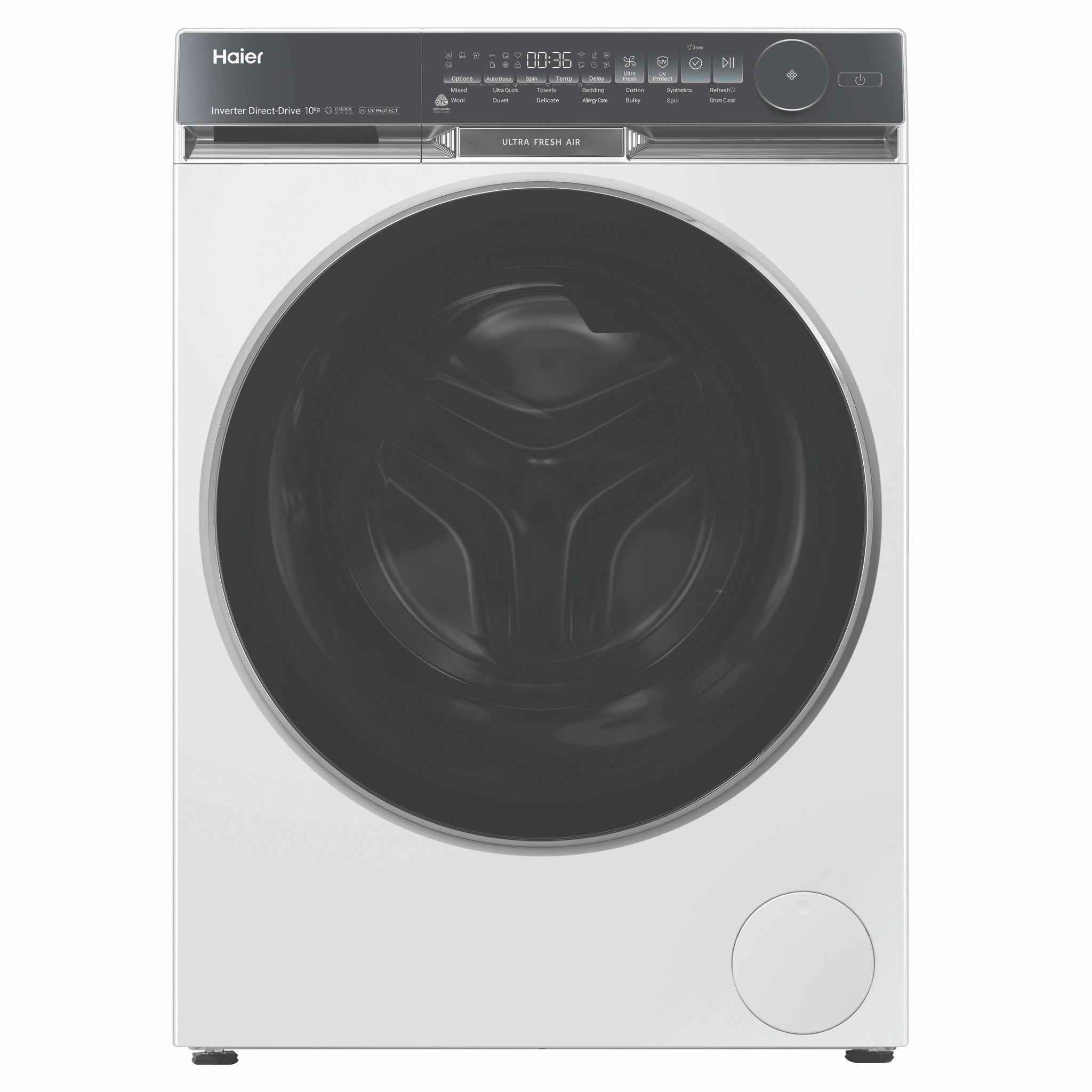 Haier 10kg 500 Series White Front Loader Washing Machine with Ultra Fresh Air HWF10DW2, Front View