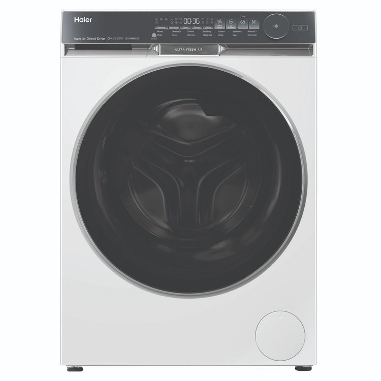 Haier 10kg 500 Series White Front Loader Washing Machine with Ultra Fresh Air HWF10DW2, Front View