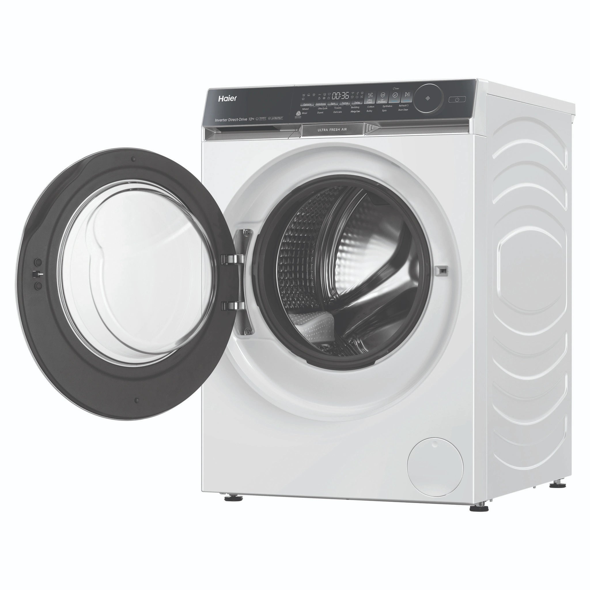 Haier 10kg 500 Series White Front Loader Washing Machine with Ultra Fresh Air HWF10DW2, Left Side View Door Open